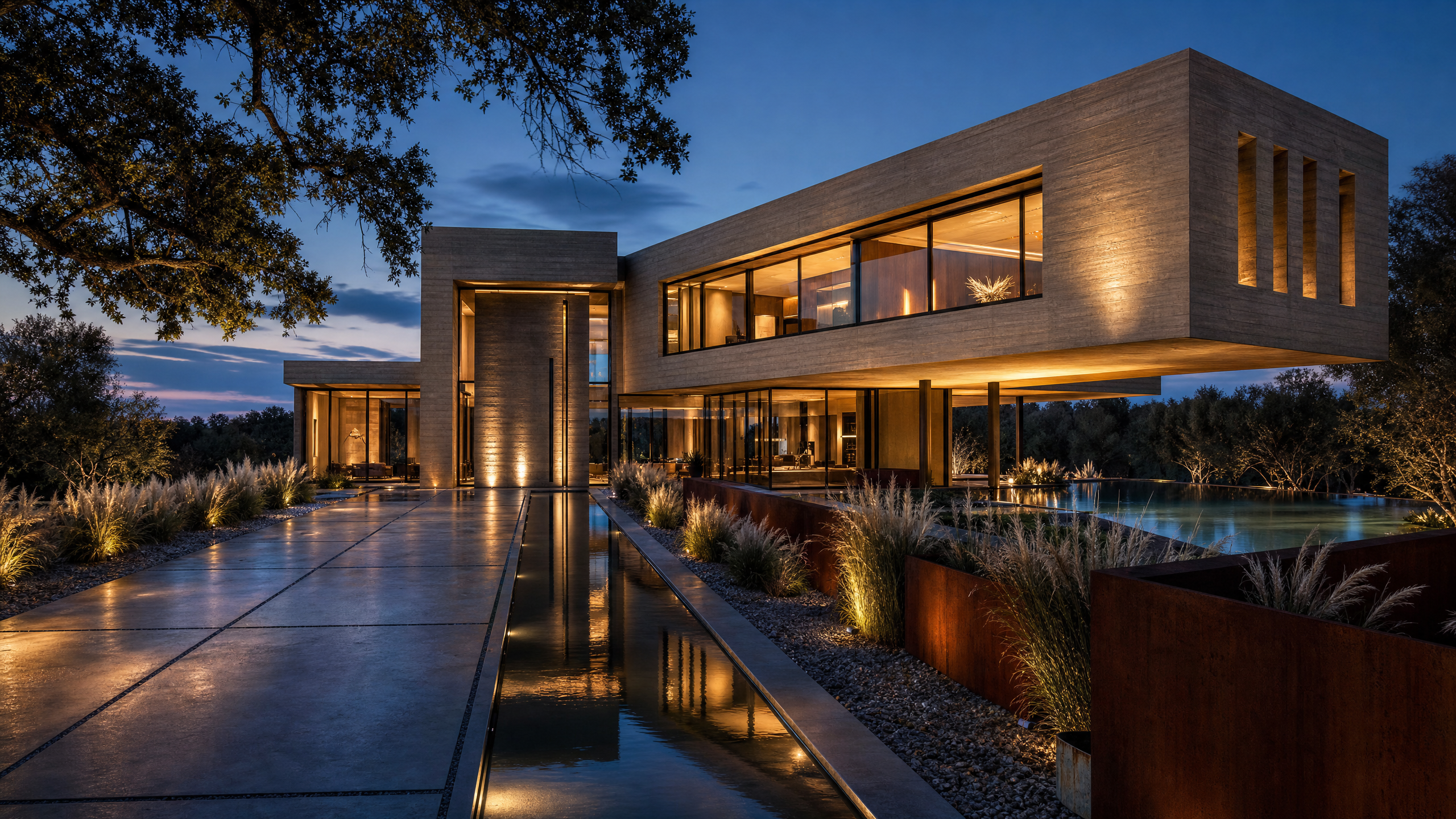 Warm Brutalist architectural rendering