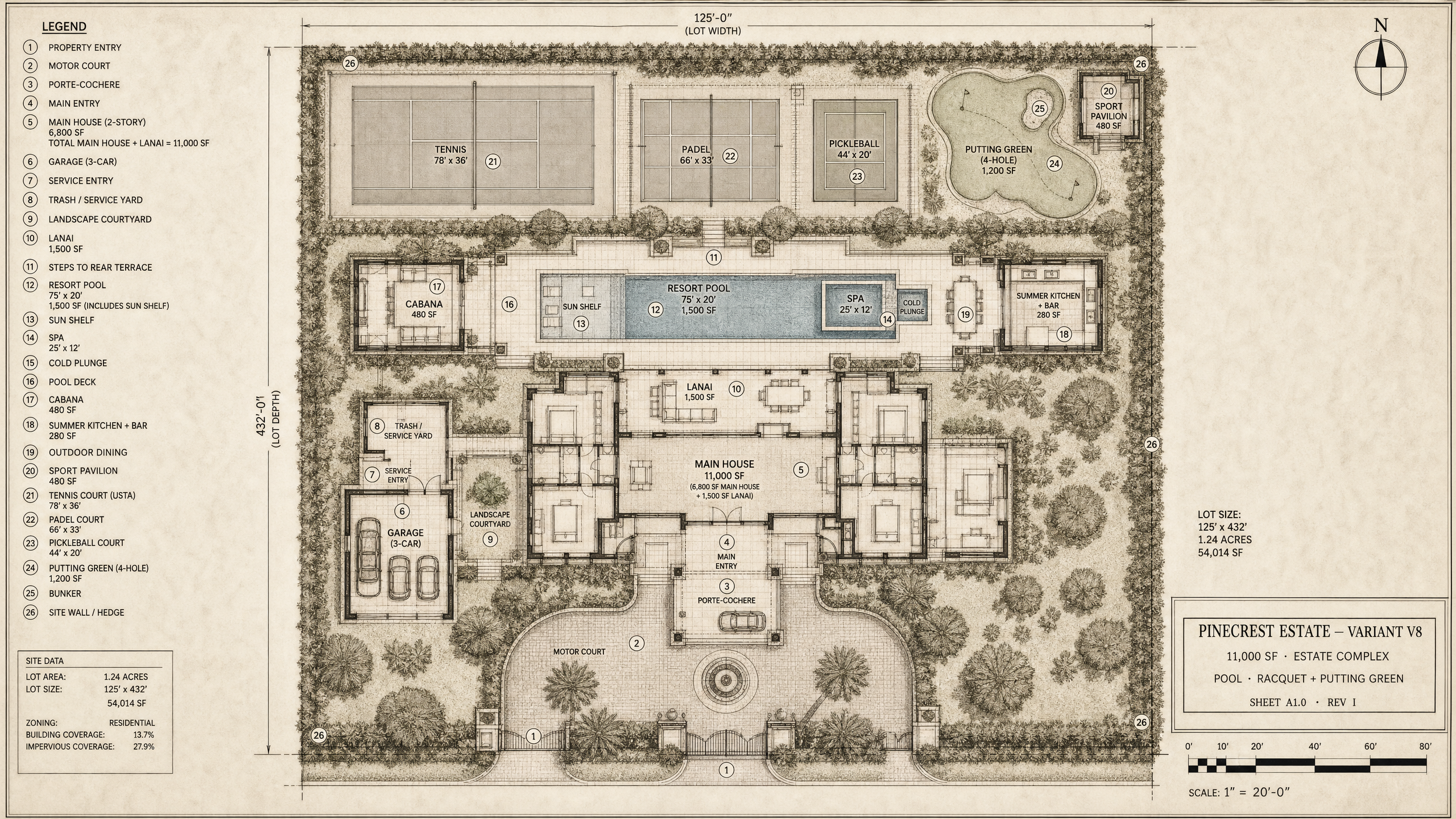 V8 · 11k · Estate Pool · Racquet + Putting